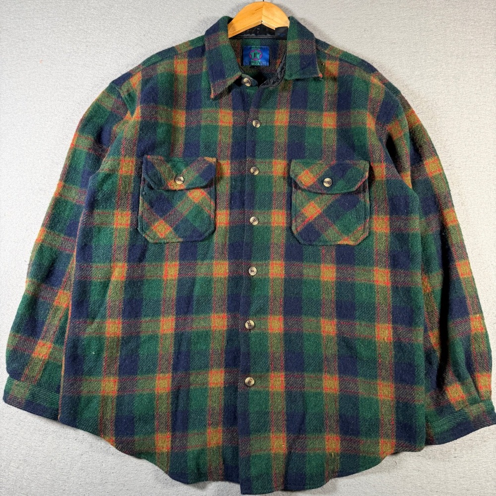 Vintage In Private Men Plaid Wool Flannel Shirt‎ Jacket Green Navy Red Size L
